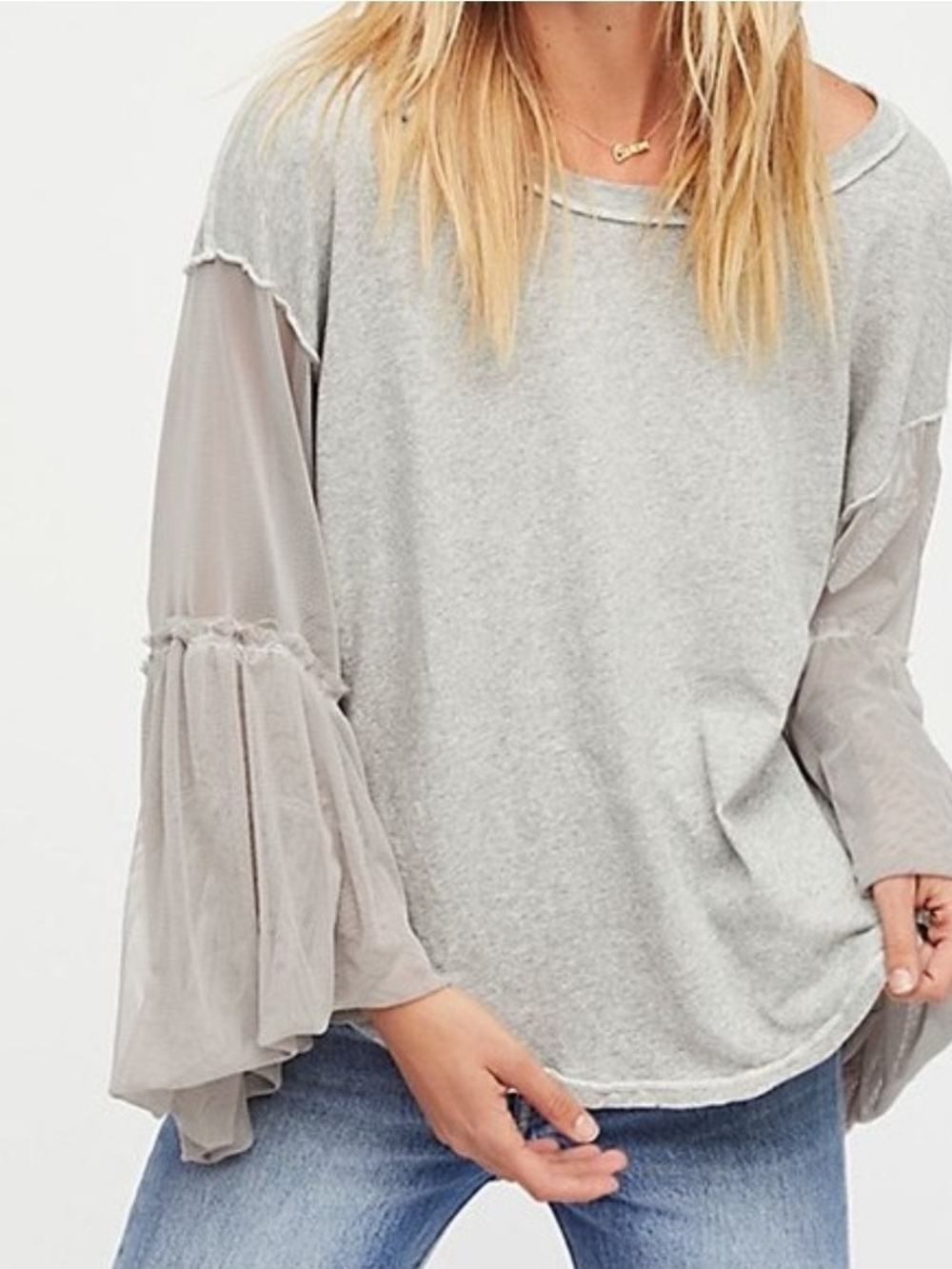 Free People "Still Got It" Light Gray Long Mesh Sleeve Top XS
